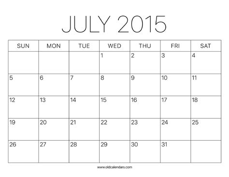 2015 Calendar July Printable Old Calendars