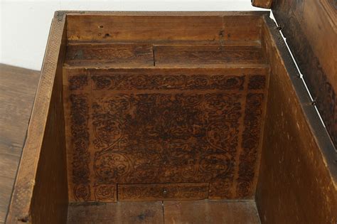 Italian Austrian Antique Pyrographic Burnt Wood Cassone Dowry Chest Trunk