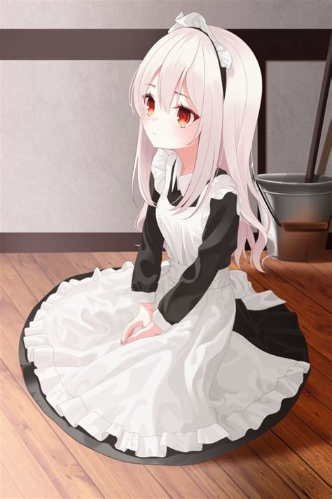 Wallpaper Anime Maid Girl White Hair Red Eyes Sitting Loli Cute