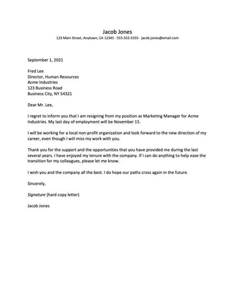 Career Change Letter Of Resignation Example