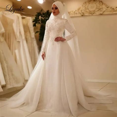 Elegant Long Sleeve Wedding Dress Muslim Dress 2019 Simple White