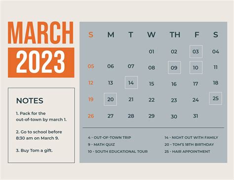 March 2023 Calendar Template With Holidays In Photoshop Illustrator