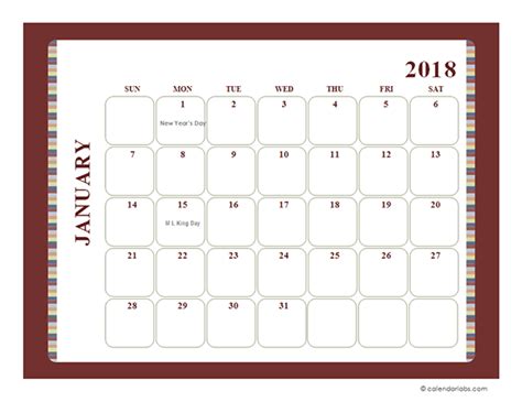 2018 Monthly Calendar Template Large Boxes Free Printable Templates