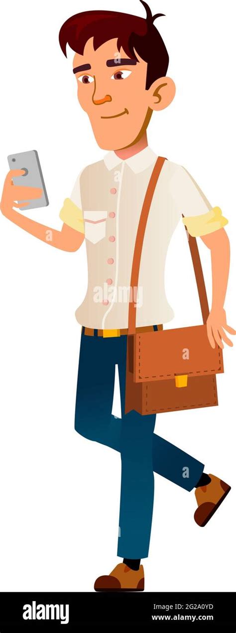 Boy Walking With Bag And Chatting On Mobile Phone Cartoon Vector Stock