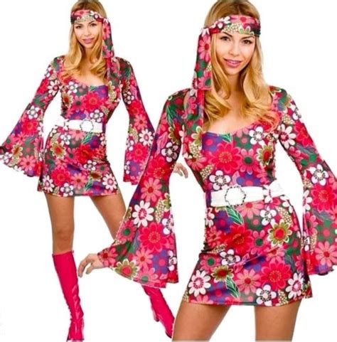 Adult Retro Girl Flower Power Fancy Dress 60s Ladies Go Go Hippy