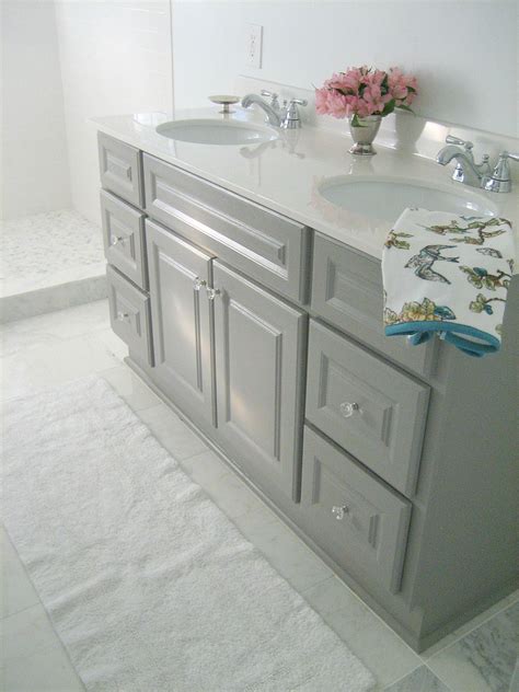 Use a paint brush to paint any corners, crevices, or areas that can't be reached with a paint roller. DIY Custom Painted Grey Builder/Standard Bathroom Vanity ...
