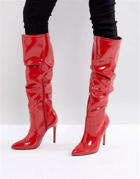 Asos Crushed Slouch Pointed Knee Boots Red High Heel Dress Boots Thigh High Boots Heels Boot