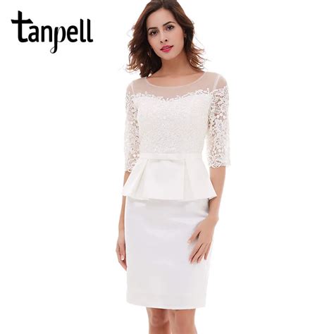 tanpell ivory short cocktail dress half sleeves scoop knee length bow dress black lace sheath
