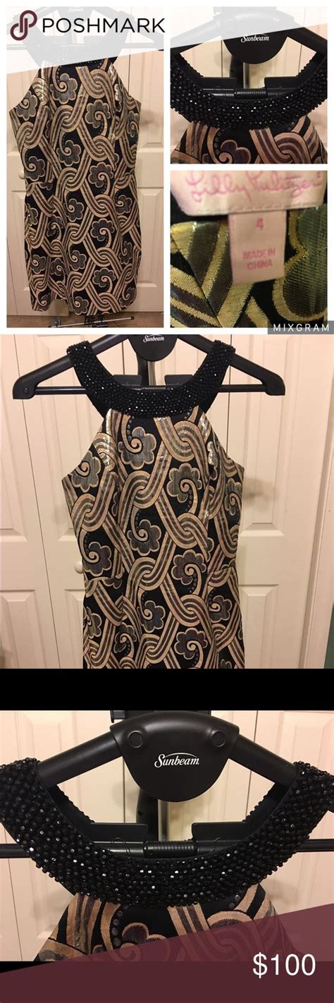 Lilly Pulitzer Black Gold Beaded Dress Size 4 Gold Beaded Dress