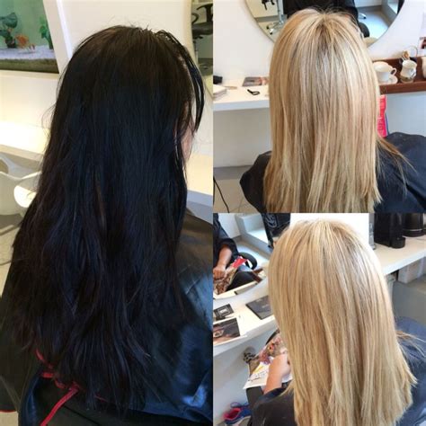 Some blonde action transformation by mounir & seamless1 extensions. Before and after black to blonde Olaplex hair ...