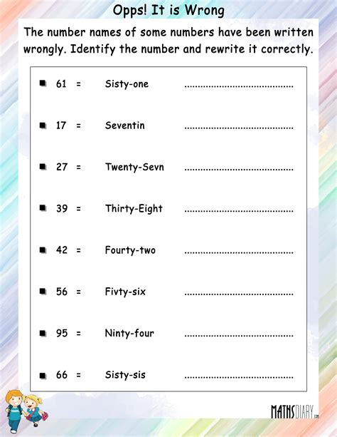 This page has a collection of color by number worksheets appropriate for kindergarten through. Rewrite the incorrect number names - Math Worksheets ...