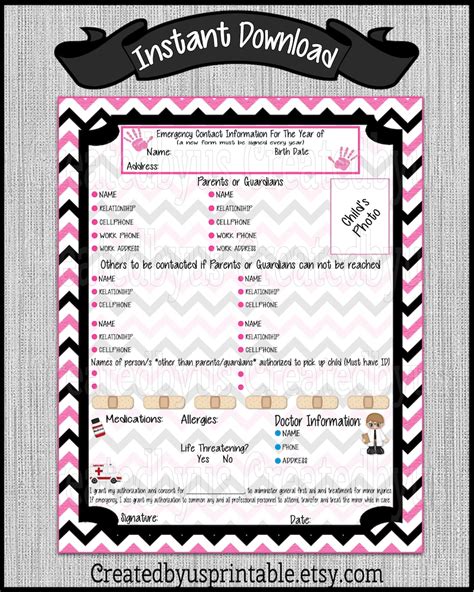 Instant Download Daycare Emergency Contact Form Child Care Etsy