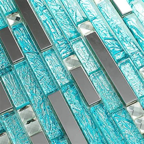 Hominter 5 Sheets Silver Stainless Steel Tile Cyan Blue Crystal Glass And Metal Wall Tiles For