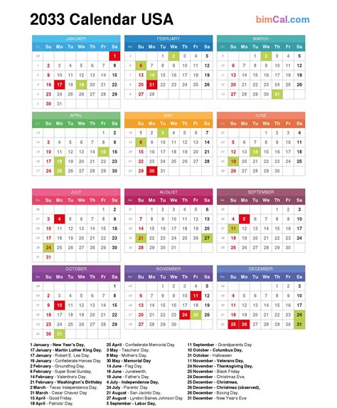 2033 Calendar Usa Bimcal