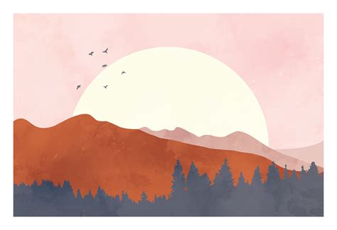 Minimalist Mountain Sunset Illustration Wall Digital Art Etsy Canada