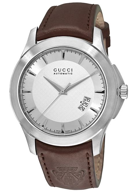 Gucci G Timeless Automatic Brown Leather Mens Watch Ya126216