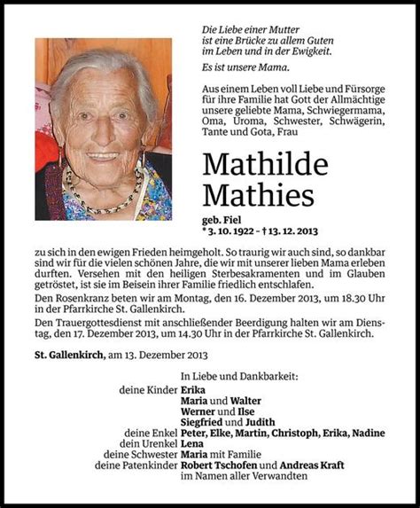 Todesanzeigen Von Mathilde Mathies Todesanzeigen Vorarlberger Nachrichten