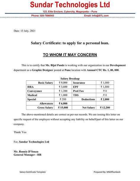Ready To Use Salary Certificate Format Excel Template Msofficegeek