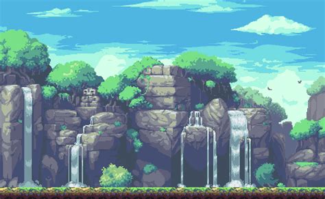 An Old Video Game With Waterfalls In The Background