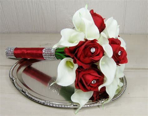 Home Hobby Cascading Wedding Bouquet Off White Silk Rose Red Calla