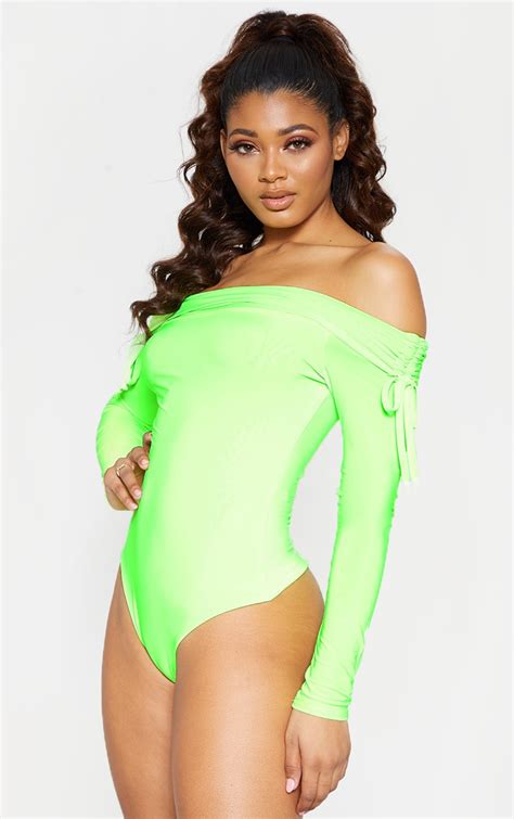 Tall Lime Green Slinky Ruched Bardot Bodysuit Prettylittlething