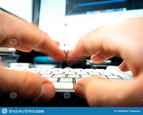 Male Hands Working On Computer Keyboard Writing Playing Stock Image