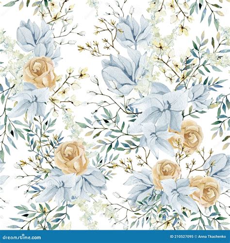 Watercolor Blue Boho Floral Seamless Pattern With Flower Bouquet