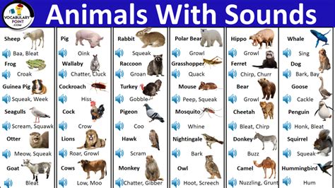 130 Animals With Sounds Pdf Animal Sounds List Vocabulary Point