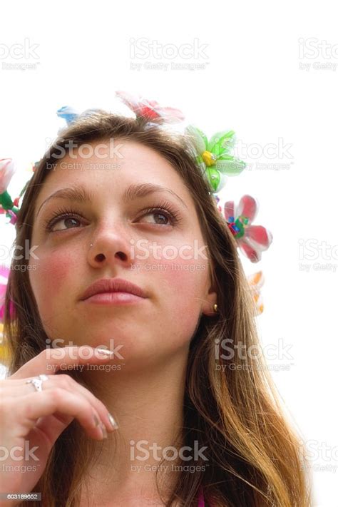Modernday Hippie Girl With Wreath Of Flowers Pensive White Background