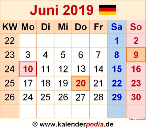 Kalender Juni 2019 Als Word Vorlagen
