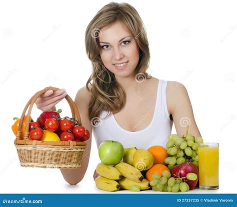 Mooi Meisje Met Fruit En Groenten Stock Afbeelding Image Of Vers