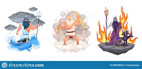 Three Ancient Greek Gods Hades Zeus And Poseidon Stock Illustration