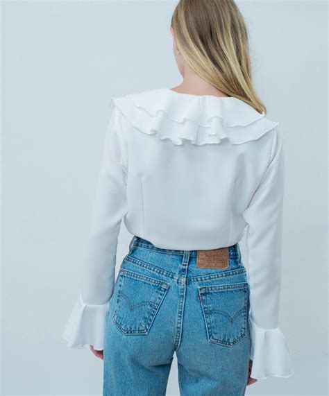 white ruffle blouse bell sleeve ruffled collar dramatic blouse ruffle shirt romantic blouse