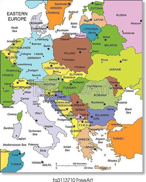 Eastern Europe Regional Map With Individual Countries Cities Capitals