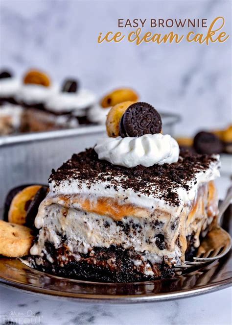 an easy brownie ice cream cake with cookies and oreo chips on top is ready to be eaten