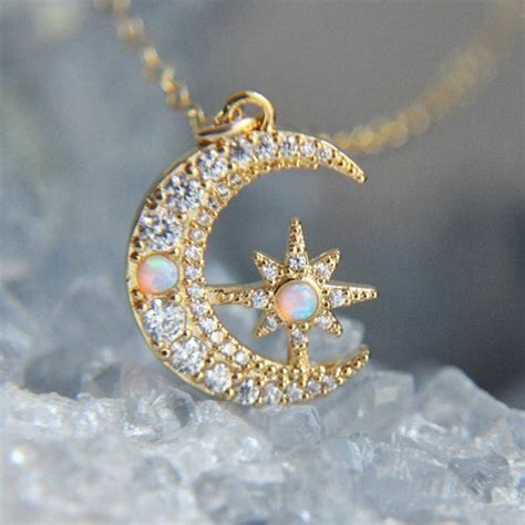 Opal Crescent Moon Necklace Star Necklace Dainty Gold Etsy