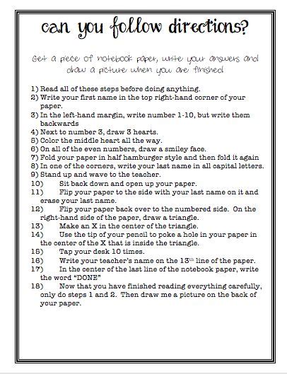 Can You Follow Directions Worksheet