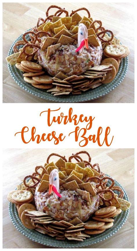 Two Pictures Of Turkey Cheese Ball With Crackers