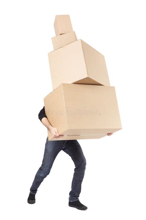 Moving Day Man Lifting Cardboard Boxes Stock Image Image Of Stack