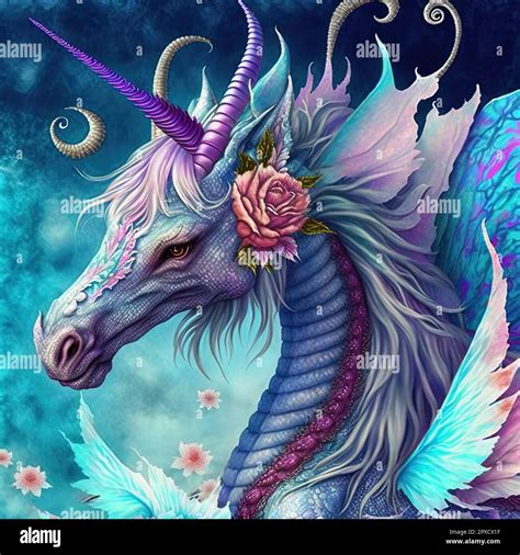 A Surreal Depiction Of A Unicorn Dragon With Fiery Breath And A Golden