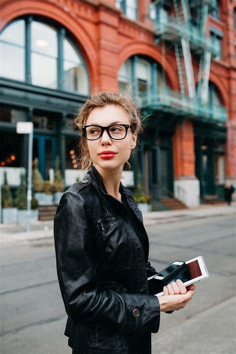 Portrait Of Young Business Woman Standing In The Street Del