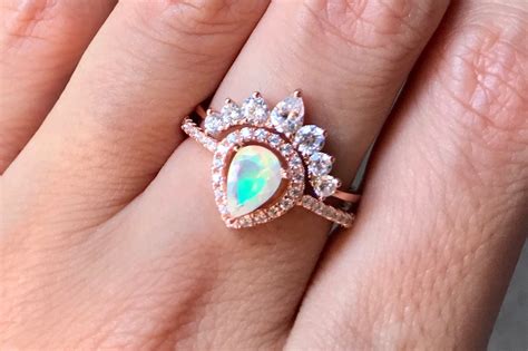 Teardrop Genuine Opal Engagement Vintage Ring Set Natural Opal Halo