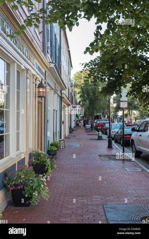 Row Of Shops And Cafes In Caroline Street Fredericksburg Va Stock