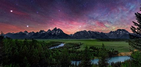Colourful Night Sky Above Tetons And Snake River Wyoming