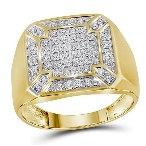 Gnd Kt Yellow Gold Mens Round Diamond Square Cluster Ring Cttw