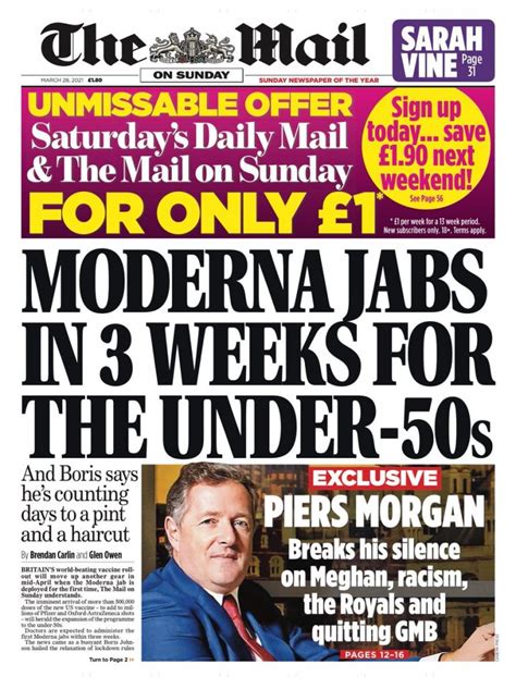 Mail On Sunday Front Page 28th Of March 2021 Tomorrows Papers Today