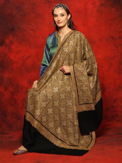 Black Pure Pashmina All Over Sozni Jamawar Embroidered Shawl Exotic