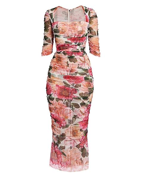 Dolce And Gabbana Floral Tulle Ruched Midi Dress In Pink Lyst