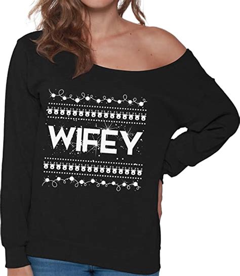 Pekatees Wifey Christmas Sweatshirt Off Shoulder Ugly Christmas Wifey