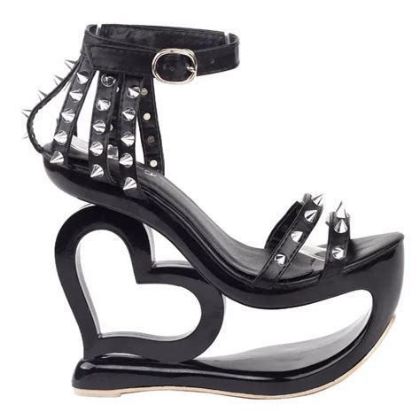 Lf40204 Punk Black Spikes Strappy Heart Heel Wedge Evening Sandals Size 45678910 In Women